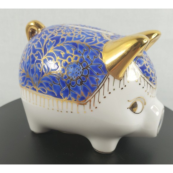 Vintage Ceramic Hand Painted Blue Gold Piggy Bank Marked JM Made In Thailand EUC - Picture 12 of 16